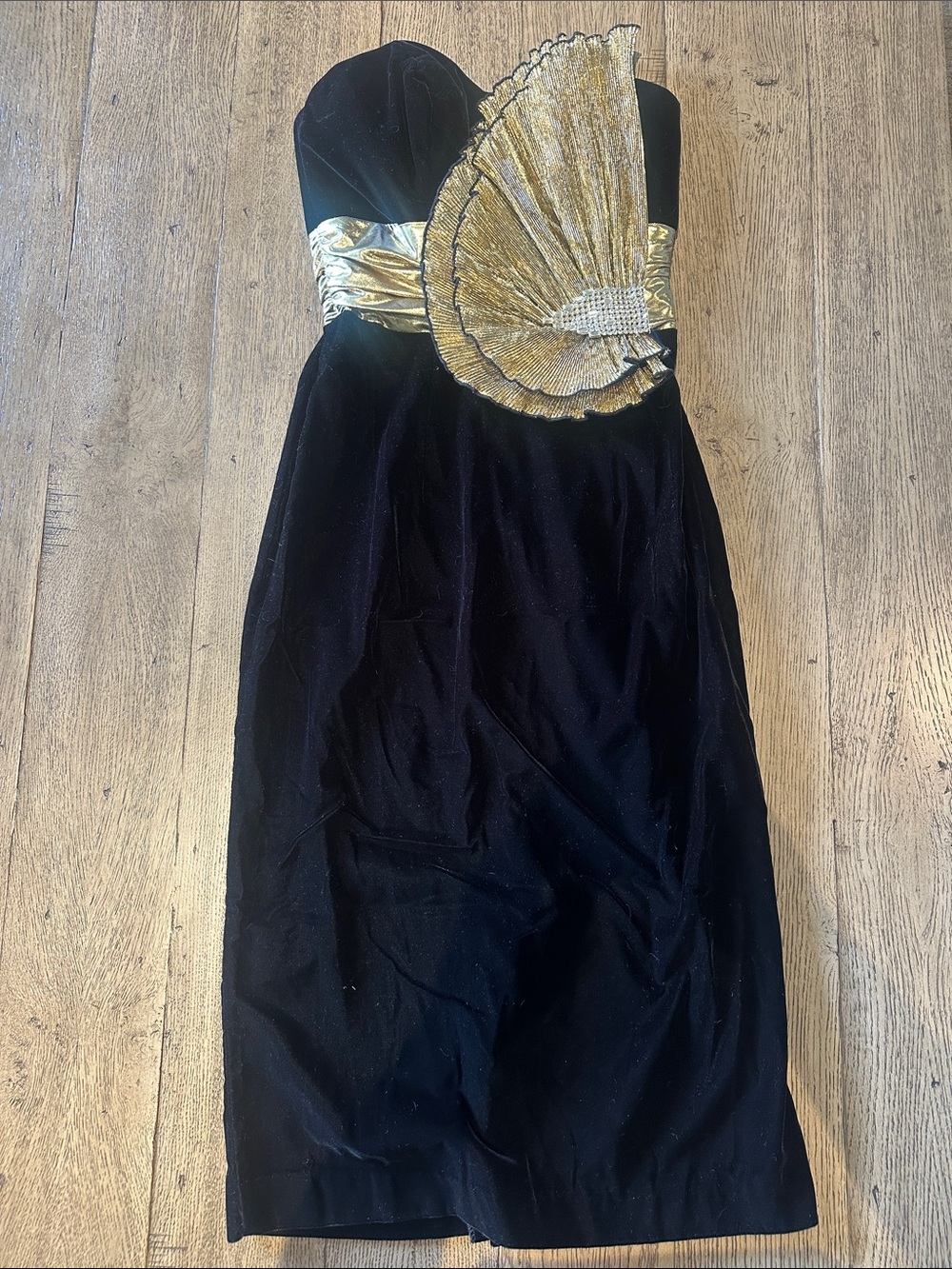 Vintage velvet Strapless Black Dress with Gold Fan Detail
